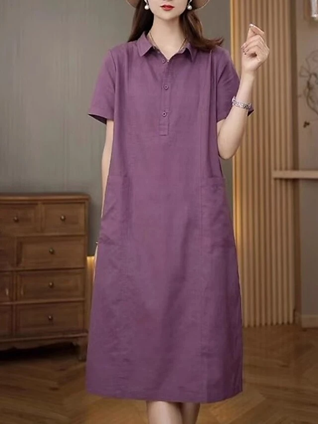 Women's Casual Dress Cotton Linen Dress Midi Dress Polyester Casual Daily Casual Outdoor Home Holiday Shirt Collar Pocket Short Sleeve Summer Spring 2023 Loose Fit Navy Blue Purple Brown Plain M L XL 16 Women's Casual Dress Cotton Linen Dress Midi Dress Polyester Casual Daily Casual Outdoor Home Holiday Shirt Collar Pocket Short Sleeve Summer Spring 2023 Loose Fit Navy Blue Purple Brown Plain M L XL - Image 16