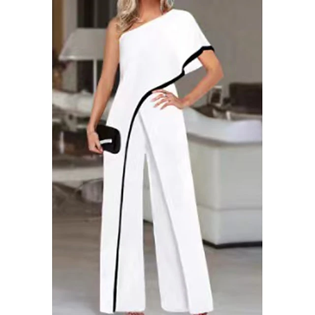 Jumpsuits For Women Summer Dressy Color Block One Sleeve Shoulder Elegant Party Prom Straight Regular Fit Short Sleeve Black S M L Spring Fall 2 Jumpsuits For Women Summer Dressy Color Block One Sleeve Shoulder Elegant Party Prom Straight Regular Fit Short Sleeve Black S M L Spring Fall - Image 2