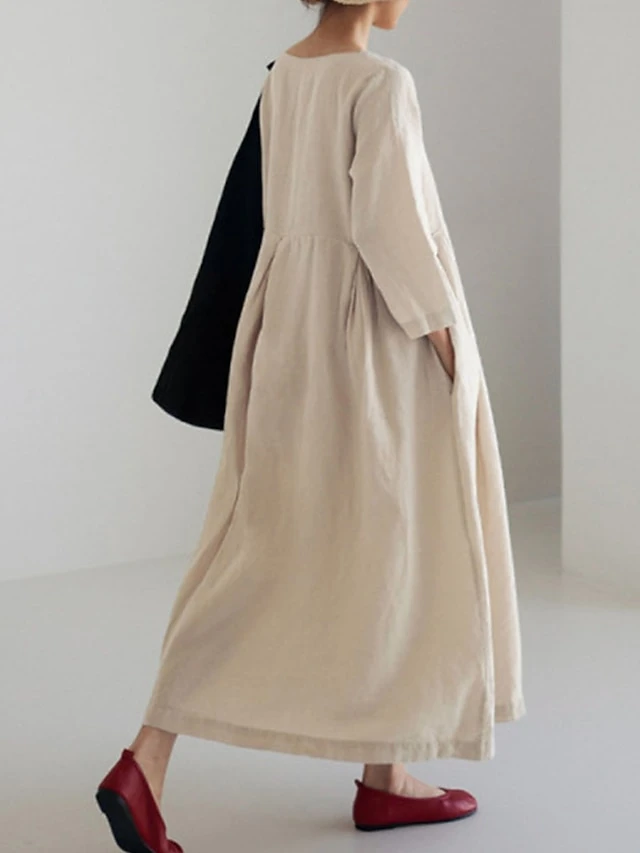 Women's Cotton Linen Dress Casual Dress Swing Dress Maxi Long Dress Cotton Blend Basic Classic Outdoor Daily Crew Neck Pocket Smocked Long Sleeve Summer Spring Fall 2023 Loose Fit Black Yellow Green 17 Women's Cotton Linen Dress Casual Dress Swing Dress Maxi Long Dress Cotton Blend Basic Classic Outdoor Daily Crew Neck Pocket Smocked Long Sleeve Summer Spring Fall 2023 Loose Fit Black Yellow Green - Image 17