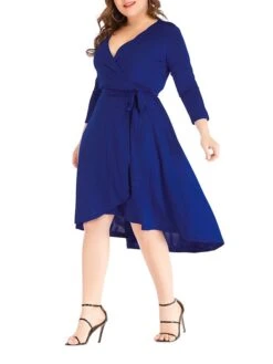 Women's Plus Size Curve Work Dress Black Dress A Line Dress Fashion Midi Dress Lace Up Asymmetrical V Neck 3/4 Length Sleeve Plain Loose Fit Black Blue Fall XL XXL 3XL 4XL 5XL -Cheap Plus Fit Dress Store dkxmng1693203427038