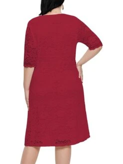 Women‘s Plus Size Curve Party Dress Lace Dress White Dress Solid Color Midi Dress Half Sleeve Lace V Neck Fashion Party White Red Summer Spring XL XXL 3XL 4XL 5XL -Cheap Plus Fit Dress Store dmbnwd1681204552967