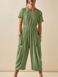 Women's Jumpsuit Pocket Solid Color Crew Neck Streetwear Street Daily Regular Fit Short Sleeve Black White Light Green S M L Summer