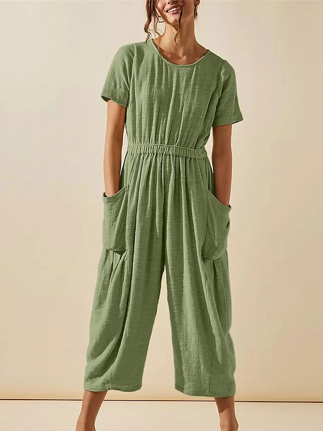 Women's Jumpsuit Pocket Solid Color Crew Neck Streetwear Street Daily Regular Fit Short Sleeve Black White Light Green S M L Summer 1 Women's Jumpsuit Pocket Solid Color Crew Neck Streetwear Street Daily Regular Fit Short Sleeve Black White Light Green S M L Summer