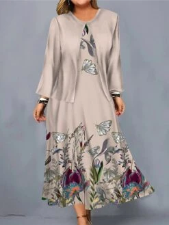 Women's Plus Size Curve Casual Dress Dress Set Two Piece Dress Floral Midi Dress Long Sleeve Print Crew Neck Fashion Outdoor Pink Blue Fall Winter L XL XXL 3XL 4XL