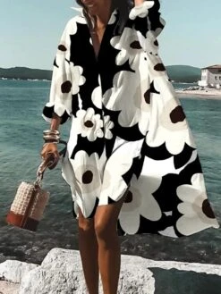 Women's Shirt Dress Casual Dress A Line Dress Midi Dress Winter Dress Daily Holiday Polyester Vacation Stylish Shirt Collar High Low Dress Print Long Sleeve Summer Spring Fall 2022 Loose Fit White