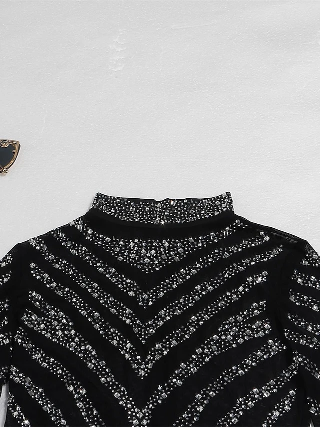 Women's Romper Mesh Beaded Solid Color Stand Collar Active Street Going Out Regular Fit Long Sleeve Black S M L Fall 10 Women's Romper Mesh Beaded Solid Color Stand Collar Active Street Going Out Regular Fit Long Sleeve Black S M L Fall - Image 10