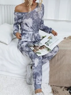 Women's Jumpsuit Pocket Tie Dye Off Shoulder Streetwear Street Daily Regular Fit Long Sleeve Gray S M L Spring