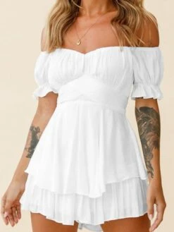 Women's Romper Ruffle Solid Color Off Shoulder Active Street Daily Regular Fit Short Sleeve Green Blue Pink S M L Spring -Cheap Plus Fit Dress Store dnsoqh1643274613007