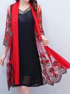 Women's Plus Size Curve Two Piece Dress Set Casual Dress Tank Dress Outdoor Daily Fashion Modern Embroidered Midi Dress Crew Neck Half Sleeve Floral Black Red Coffee Spring Fall XL XXL 3XL 4XL 5XL