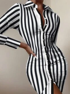 Women's Shirt Dress Casual Dress Midi Dress Outdoor Daily Vacation Polyester Fashion Casual Shirt Collar Button Long Sleeve Spring Fall Winter 2023 Regular Fit Black White Red Letter Tie Dye Striped -Cheap Plus Fit Dress Store dopaqi1693386323186