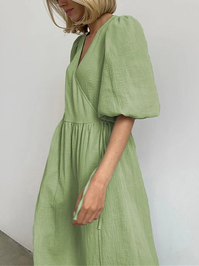 Women's Casual Dress Cotton Linen Dress Wrap Dress Midi Dress Cotton Basic Classic Outdoor Daily Vacation V Neck Lace Up Half Sleeve Spring Fall Autumn 2023 Regular Fit Orange Green Plain S M L 3 Women's Casual Dress Cotton Linen Dress Wrap Dress Midi Dress Cotton Basic Classic Outdoor Daily Vacation V Neck Lace Up Half Sleeve Spring Fall Autumn 2023 Regular Fit Orange Green Plain S M L - Image 3