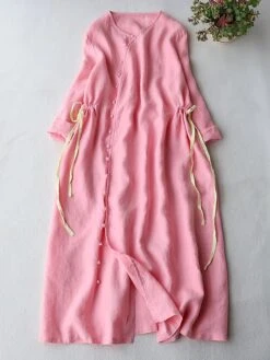 Women's Casual Dress Cotton Linen Dress Midi Dress Linen / Cotton Blend Fashion Casual Outdoor Daily Vacation V Neck Button Pocket Long Sleeve Fall Winter Autumn 2023 Loose Fit Pink Plain M L XL 2XL