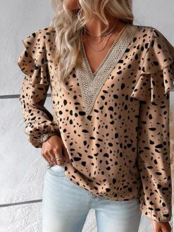Women's Shirt Blouse Khaki Polka Dot Ruffle Lace Trims Print Long Sleeve Work Daily V Neck Regular Fit Spring &Fall