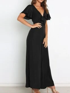 Women's Jumpsuit Ruffle Backless Solid Color V Neck Streetwear Street Daily Regular Fit Short Sleeve Green Wine Navy Blue S M L Spring / Bow