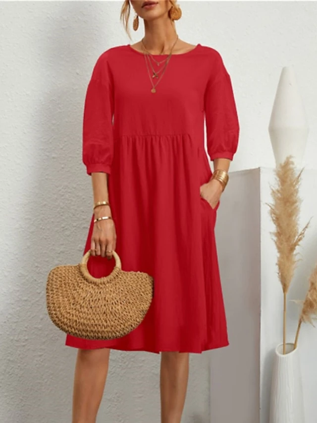 Women's Casual Dress Cotton Dress Midi Dress Cotton Basic Classic Outdoor Daily Vacation Crew Neck Ruched 3/4 Length Sleeve Fall Winter Autumn 2023 Loose Fit ArmyGreen Black White Plain S M L XL 2XL 5 Women's Casual Dress Cotton Dress Midi Dress Cotton Basic Classic Outdoor Daily Vacation Crew Neck Ruched 3/4 Length Sleeve Fall Winter Autumn 2023 Loose Fit ArmyGreen Black White Plain S M L XL 2XL - Image 5