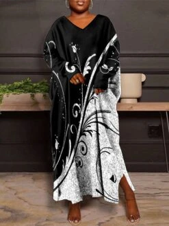 Women's Plus Size Curve Casual Dress Winter Dress Floral Long Dress Maxi Dress Long Sleeve Print V Neck Fashion Outdoor White Pink Fall Winter L XL XXL 3XL 4XL