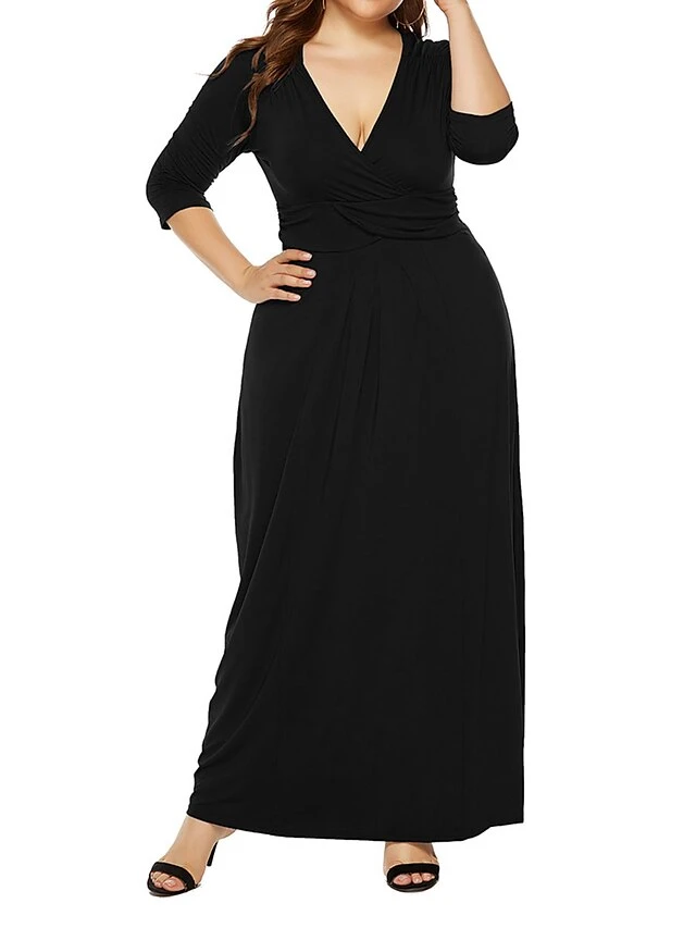 Women's Plus Size Curve Party Dress Swing Dress Formal Dress Plain Long Dress Maxi Dress 3/4 Length Sleeve Ruched Crew Neck Fashion Party Black Wine Fall Winter L XL XXL 3XL 9 Women's Plus Size Curve Party Dress Swing Dress Formal Dress Plain Long Dress Maxi Dress 3/4 Length Sleeve Ruched Crew Neck Fashion Party Black Wine Fall Winter L XL XXL 3XL - Image 9