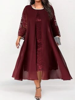 Women's Plus Size Curve Party Dress Casual Dress Lace Dress Plain Midi Dress Long Sleeve Lace Patchwork Crew Neck Fashion Party Black Wine Fall Winter L XL XXL 3XL 4XL
