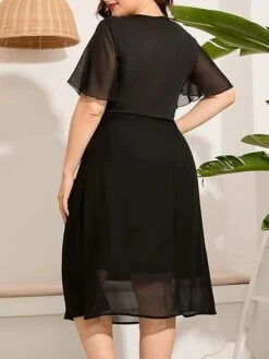 Women‘s Plus Size Curve Party Dress Cocktail Dress Wedding Guest Dress Black Dress Midi Dress Short Sleeve Pure Color Layered Summer Spring Fall V Neck Fashion Birthday Wedding Guest Vacation 2023 -Cheap Plus Fit Dress Store dtepob1691464155555