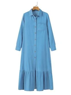 Women's Shirt Dress Casual Dress Maxi Long Dress Outdoor Daily Cotton Fashion Casual Shirt Collar Ruffle Button Long Sleeve Summer Spring Fall 2023 Regular Fit Navy Blue Blue Plain S M L XL XXL -Cheap Plus Fit Dress Store dtoszq1689733364988