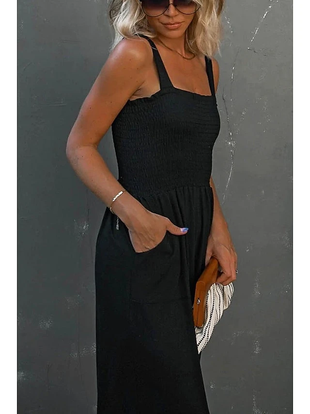 Women's Jumpsuit Backless Pocket Solid Color Square Neck Streetwear Daily Vacation Regular Fit Strap Black Wine Navy Blue S M L Spring 5 Women's Jumpsuit Backless Pocket Solid Color Square Neck Streetwear Daily Vacation Regular Fit Strap Black Wine Navy Blue S M L Spring - Image 5