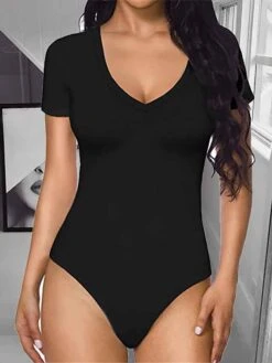 Women's Romper High Waist Solid Color V Neck Sexy Street Daily Regular Fit Short Sleeve Black White Pink S M L Summer