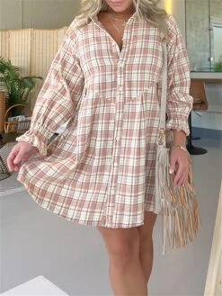Women's Shirt Dress Casual Dress Mini Dress Outdoor Daily Vacation Polyester Fashion Modern Shirt Collar Button Pocket Long Sleeve Spring Fall Winter 2023 Loose Fit Pink Plaid S M L XL 2XL -Cheap Plus Fit Dress Store duhuws1695027666393