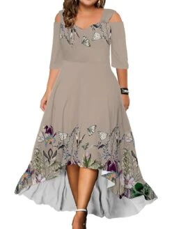 Women‘s Plus Size Curve Party Dress Wedding Guest Dress Swing Dress Long Dress Maxi Dress Pink Blue Green 3/4 Length Sleeve Floral Cold Shoulder Summer Spring Fall V Neck Fashion Birthday -Cheap Plus Fit Dress Store dumcbr1690280939751