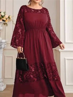 Women's Plus Size Prom Dress Party Dress Wedding Guest Dress Long Dress Maxi Dress Wine Long Sleeve Pure Color Ruched Fall Winter Autumn Crew Neck Fashion Winter Dress Wedding Guest Evening Party -Cheap Plus Fit Dress Store dvegxd1693207119241