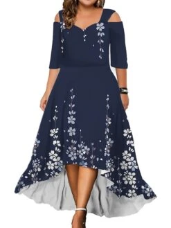 Women‘s Plus Size Curve Party Dress Wedding Guest Dress Swing Dress Long Dress Maxi Dress Black White Pink 3/4 Length Sleeve Floral Cold Shoulder Summer Spring Fall V Neck Fashion Birthday -Cheap Plus Fit Dress Store dvvqyj1690280961763