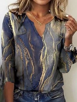 Women's T Shirt Tee Gold Gray Graphic Print 3/4 Length Sleeve Holiday Weekend Basic V Neck Abstract Painting Flare Cuff Sleeve