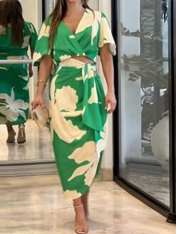 Women's Two Piece Dress Set Sheath Dress Print Dress Outdoor Holiday Casual Ruched Print Maxi Dress V Neck Half Sleeve Floral Regular Fit Green Summer Spring S M L XL XXL