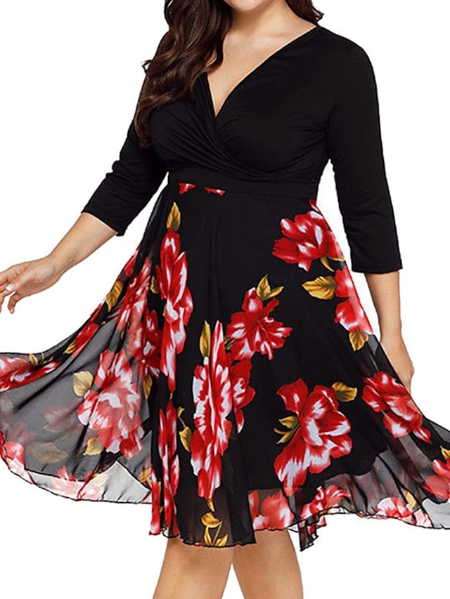 Women‘s Plus Size Curve Holiday Dress Floral V Neck Print Half Sleeve Fall Winter Casual Midi Dress Daily Dress 1 Women‘s Plus Size Curve Holiday Dress Floral V Neck Print Half Sleeve Fall Winter Casual Midi Dress Daily Dress
