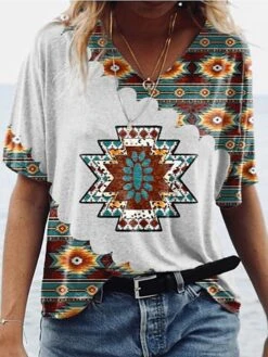 Women's T Shirt Tee White Army Green Blue Geometric Vintage Cow Print Short Sleeve Casual Weekend Vintage Basic Ethnic V Neck Regular Fit Geometric Painting 9 Women's T Shirt Tee White Army Green Blue Geometric Vintage Cow Print Short Sleeve Casual Weekend Vintage Basic Ethnic V Neck Regular Fit Geometric Painting -Cheap Plus Fit Dress Store dxevdq1644378395476