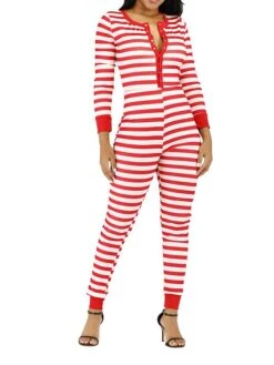 Women's Jumpsuit Button Print Striped V Neck Streetwear Christmas Street Xmas Regular Fit Long Sleeve Pink Red Blue S M L Fall -Cheap Plus Fit Dress Store dxgipx1695792391646