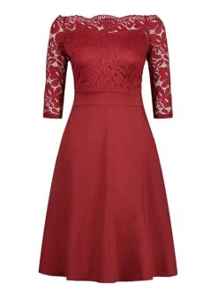 Women‘s Plus Size Curve Party Dress Solid Color Off Shoulder Lace Half Sleeve Summer Spring Elegant Formal Midi Dress Party Cocktail Party Dress -Cheap Plus Fit Dress Store dxjrnx1671609797202