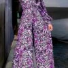Women's Jumpsuit Lace Up Print Print V Neck Streetwear Street Daily Regular Fit Long Sleeve Purple Orange S M L Fall