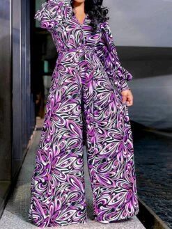 Women's Jumpsuit Lace Up Print Print V Neck Streetwear Street Daily Regular Fit Long Sleeve Purple Orange S M L Fall