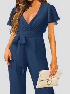 Women's Jumpsuit Lace Up Ruffle Solid Color V Neck Elegant Wedding Party Regular Fit Short Sleeve Navy Blue S M L Summer 10 Women's Jumpsuit Lace Up Ruffle Solid Color V Neck Elegant Wedding Party Regular Fit Short Sleeve Navy Blue S M L Summer -Cheap Plus Fit Dress Store dygrqj1688008273327