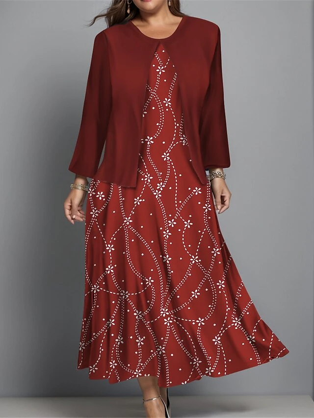 Women's Plus Size Two Piece Dress Set Casual Dress Swing Dress Outdoor Office Fashion Streetwear Print Midi Dress Crew Neck Long Sleeve Floral Regular Fit Red Navy Blue Blue Fall Winter L XL XXL 3XL 1 Women's Plus Size Two Piece Dress Set Casual Dress Swing Dress Outdoor Office Fashion Streetwear Print Midi Dress Crew Neck Long Sleeve Floral Regular Fit Red Navy Blue Blue Fall Winter L XL XXL 3XL