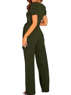 Women's Jumpsuit Lace Up Solid Color V Neck Streetwear Holiday Vacation Regular Fit Short Sleeve Black Wine Red S M L Spring -Cheap Plus Fit Dress Store dymfhn1673405783632