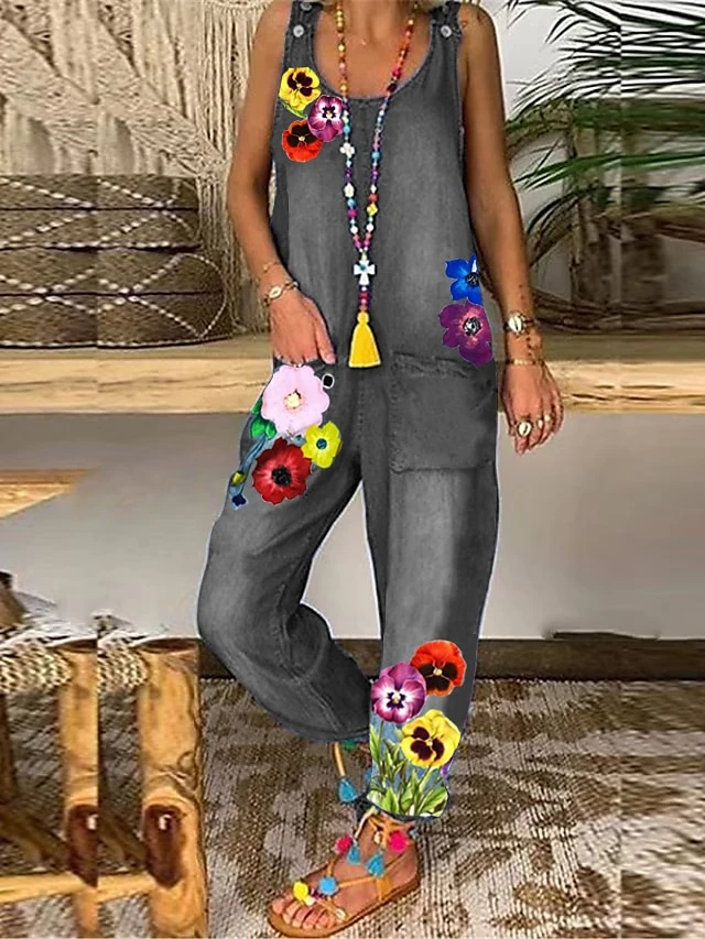 Denim Jumpsuit For Women Overall Pocket Print Floral U Neck Active Vacation Weekend Cargo Pants Loose Fit Sleeveless Sleeveless Dark Gray Light Blue S M L Summer Fall Cowgirl Jeans & Western Wear 2 Denim Jumpsuit For Women Overall Pocket Print Floral U Neck Active Vacation Weekend Cargo Pants Loose Fit Sleeveless Sleeveless Dark Gray Light Blue S M L Summer Fall Cowgirl Jeans & Western Wear - Image 2