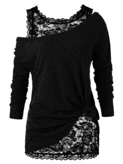 Women's Shirt Burgundy Tee 2 Pieces Outfits Waffle Black Wine Blue Floral Lace Print Long Sleeve Casual Fashion One Shoulder Regular Fit Floral Spring &Fall -Cheap Plus Fit Dress Store dzdgby1627981013758