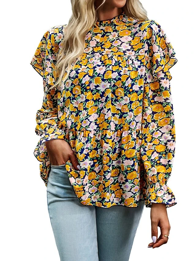 Women's Black Yellow Pink Heart Print Long Sleeve Work Elegant & Luxurious Boat Neck Form Fit Floral Fleece Lined Bell Sleeve Spring & Summer 6 Women's Black Yellow Pink Heart Print Long Sleeve Work Elegant & Luxurious Boat Neck Form Fit Floral Fleece Lined Bell Sleeve Spring & Summer - Image 6