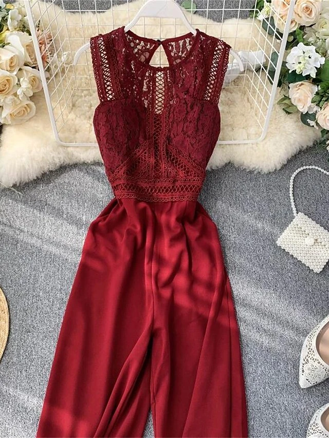 Women's Jumpsuit Lace Backless Solid Color Crew Neck Streetwear Street Going Out Regular Fit Sleeveless Black Yellow Wine One-Size Summer 6 Women's Jumpsuit Lace Backless Solid Color Crew Neck Streetwear Street Going Out Regular Fit Sleeveless Black Yellow Wine One-Size Summer - Image 6