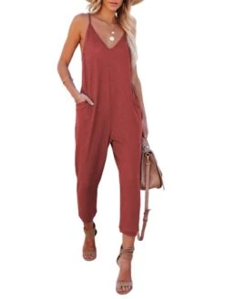 One Piece Jumpsuits For Women Solid Color Patch Pocket V Neck Casual Daily Vacation Regular Fit Sleeveless Black Pink Red S M L Spring -Cheap Plus Fit Dress Store dztopm1673423260555