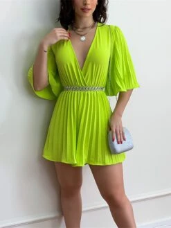 Women's Romper Pleated Solid Color V Neck Streetwear Street Xmas Daily Party Christmas Regular Fit 3/4 Length Sleeve Light Green Pink Fuchsia S M L Summer -Cheap Plus Fit Dress Store dzxqqk1681203097411