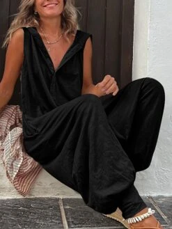 Women's Jumpsuits Casual Utility Button Solid Color Hooded Streetwear Daily Vacation Regular Fit Sleeveless Black Yellow Purple S M L Summer Fall -Cheap Plus Fit Dress Store eafjfh1688377846640