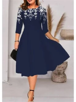 Women‘s Plus Size Curve A Line Dress Floral Crew Neck Print 3/4 Length Sleeve Spring Fall Elegant Casual Midi Dress Daily Vacation Dress 3D Print -Cheap Plus Fit Dress Store eaipoo1661854835687