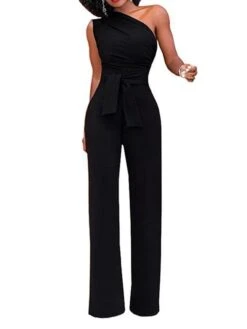 Women Party Jumpsuit Backless Lace Up Solid Color One Shoulder Elegant Party Street Regular Fit Sleeveless Green Blue White S M L Spring -Cheap Plus Fit Dress Store eapxlb1650427003483